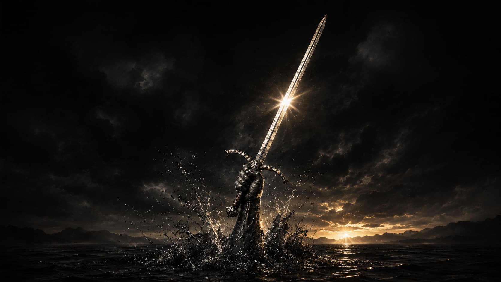 A hand rising from black water, lifting a sword that catches the first light.