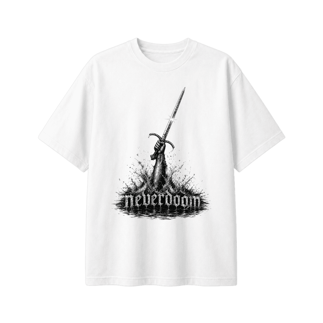 White oversized tee, an armored hand rising from black water raising a sword, neverdoom beneath.