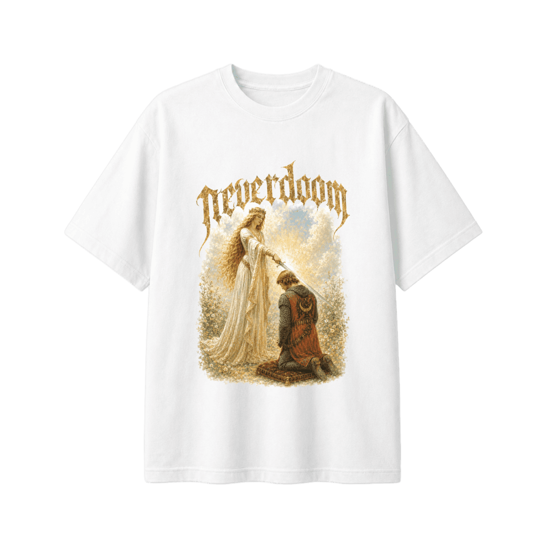 White oversized tee, a lady knighting a kneeling knight as the blade catches light, neverdoom above.